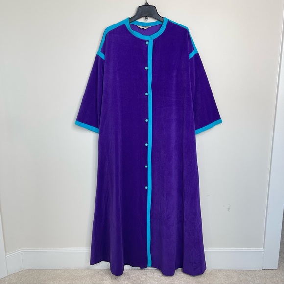 Vintage 60s Vanity Fair Velour Contrast Trim Space Age Button Up House Robe Coat - Picture 4 of 14